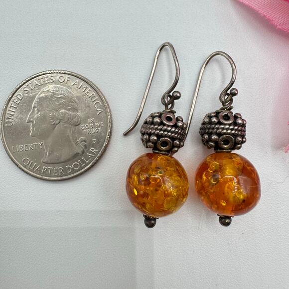 Bali Style Amber Chunk & Silver Bali Style Bead Dangle Earrings Acid UV Tested - Picture 8 of 12